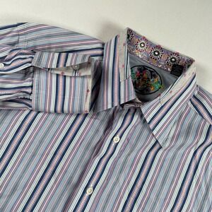 Robert Graham‎ Striped Button Down Shirt Men's Medium Embroidered Collar Cuff